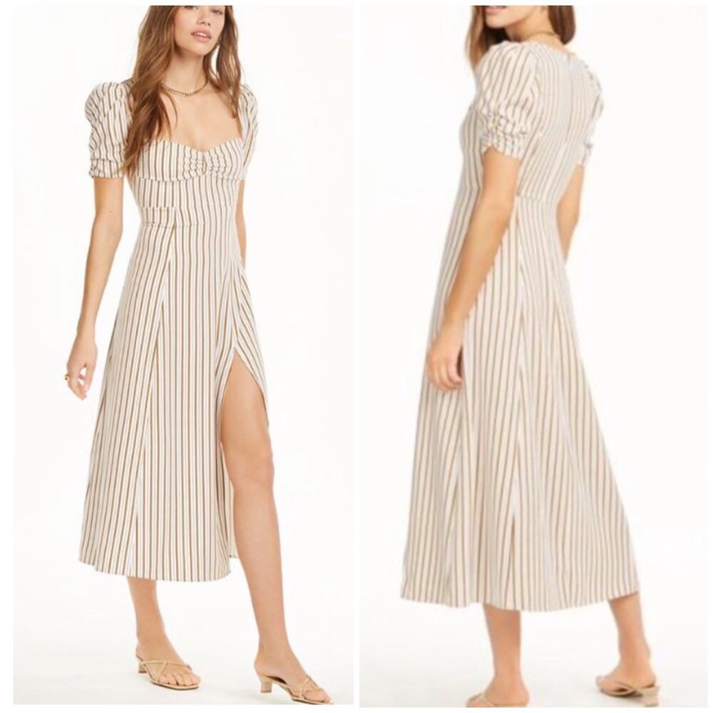 Danielle Berstein Striped Puff Sleeve Midi Dress 16 NEW
